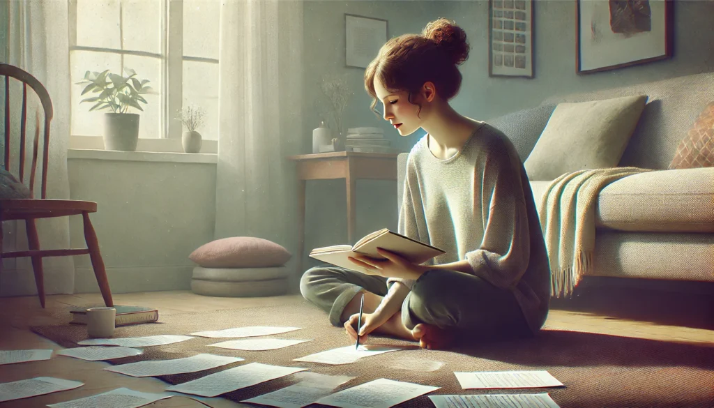 DALL·E 2024 07 15 21.59.46 A realistic image of a young woman sitting on the floor with a notebook in her hands. She is writing her thoughts in the notebook, with a focused expr