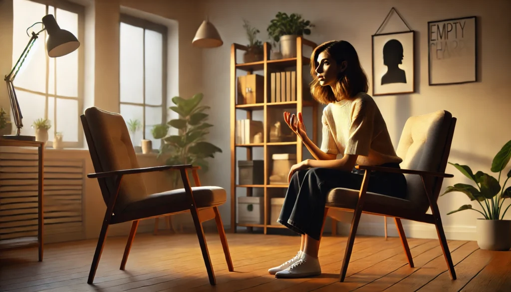 DALL·E 2024 07 20 18.15.16 A realistic photo of a young woman using the empty chair technique from Gestalt therapy. The woman, in her early 30s, with shoulder length brown hair,